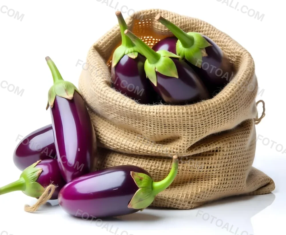 A Burlap Sack Filled With Fresh Purple Eggplants And Green Stems 4 8fad