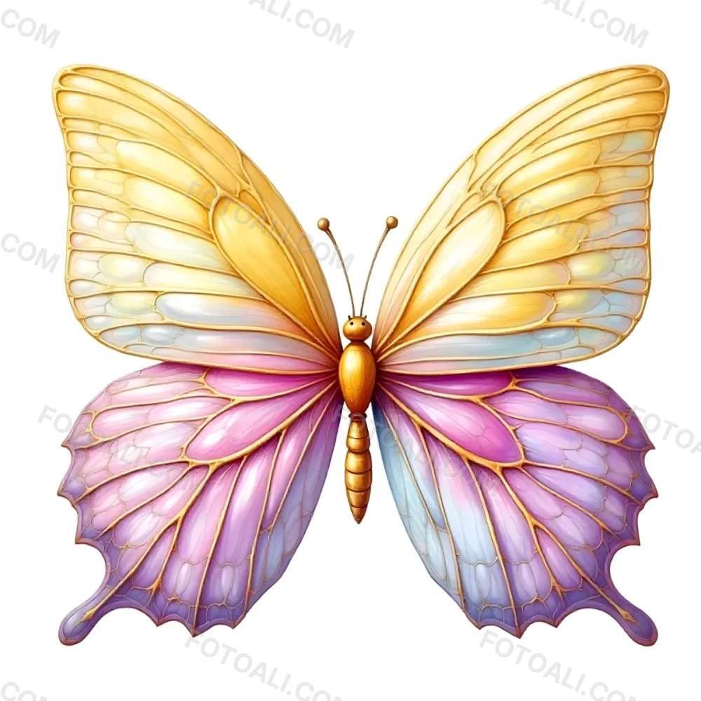 A Butterfly With Yellow Pink And Purple Wings Golden Veins Symmetrical Composition Centered Isolated On White Background Soft Light Vibrant Colors Detailed 28 Da80