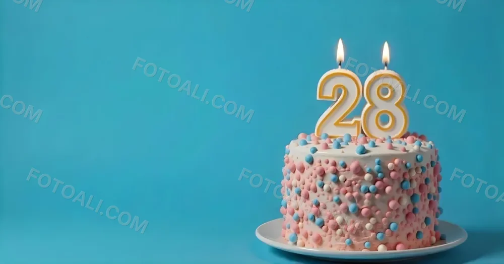 A Cake With Pink And Blue Frosting And A Candle With The Number 28 On A Blue Plate In A White Background 1 4215