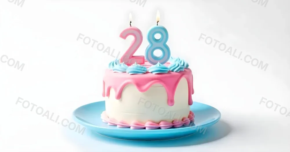 A Cake With Pink And Blue Frosting And A Candle With The Number 28 On A Blue Plate In A White Background 12 Aee2