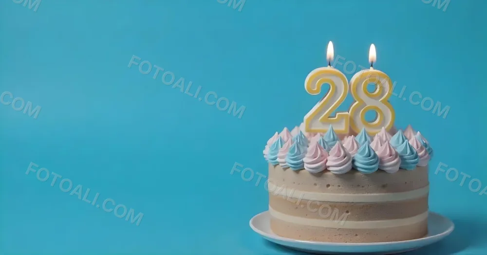 A Cake With Pink And Blue Frosting And A Candle With The Number 28 On A Blue Plate In A White Background 13 B292
