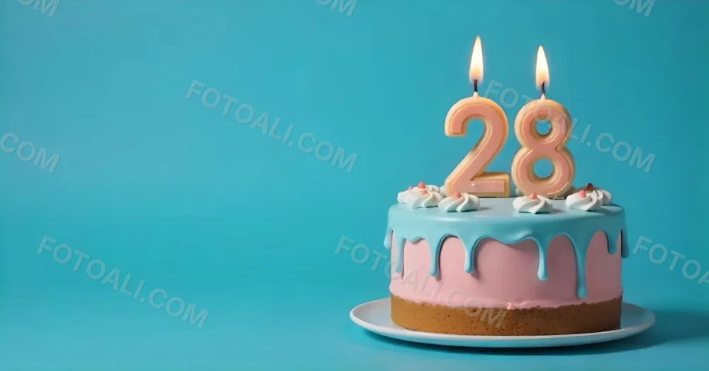 A Cake With Pink And Blue Frosting And A Candle With The Number 28 On A Blue Plate In A White Background 19 E47f
