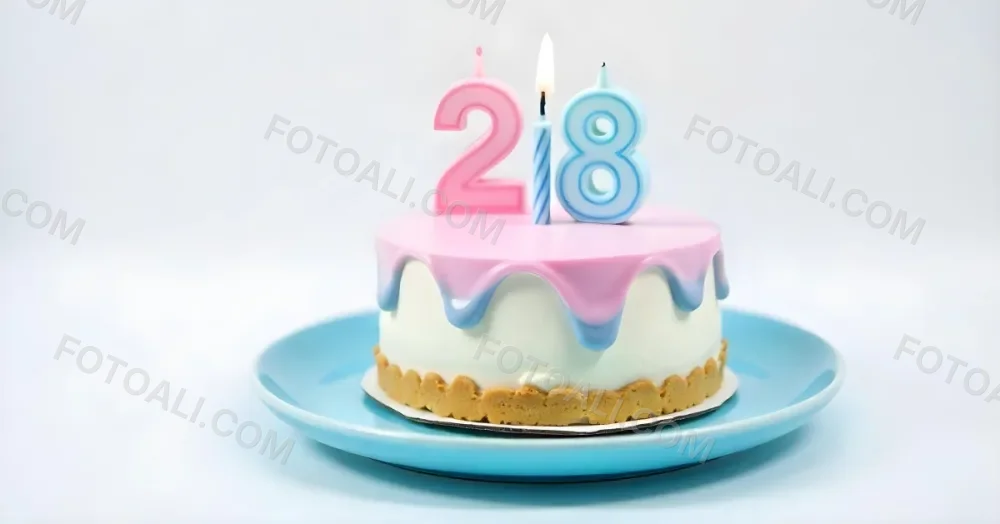 A Cake With Pink And Blue Frosting And A Candle With The Number 28 On A Blue Plate In A White Background 2 2b35