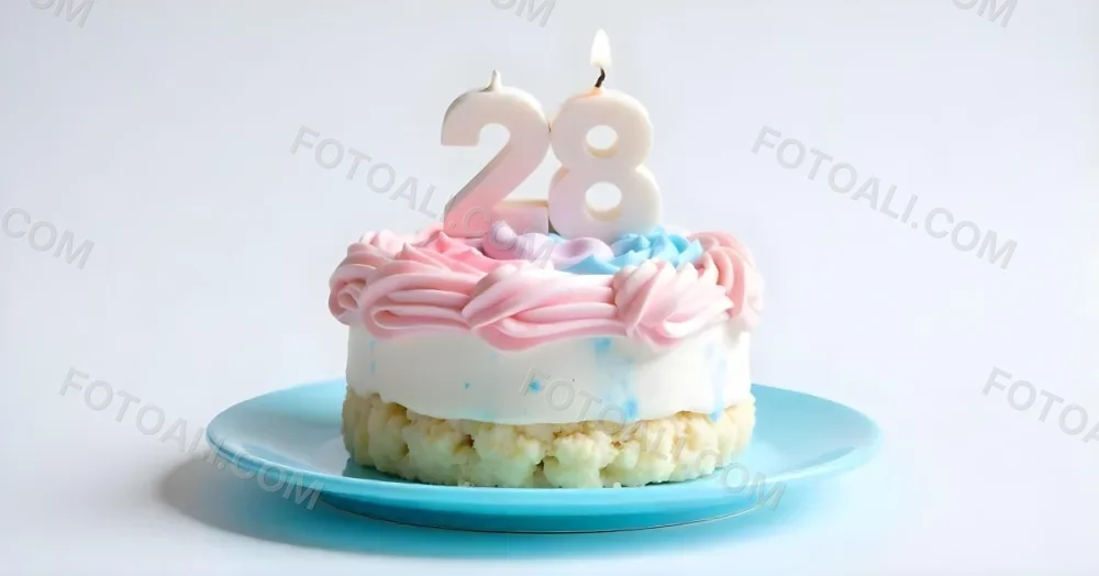 A Cake With Pink And Blue Frosting And A Candle With The Number 28 On A Blue Plate In A White Background 20 B7b7