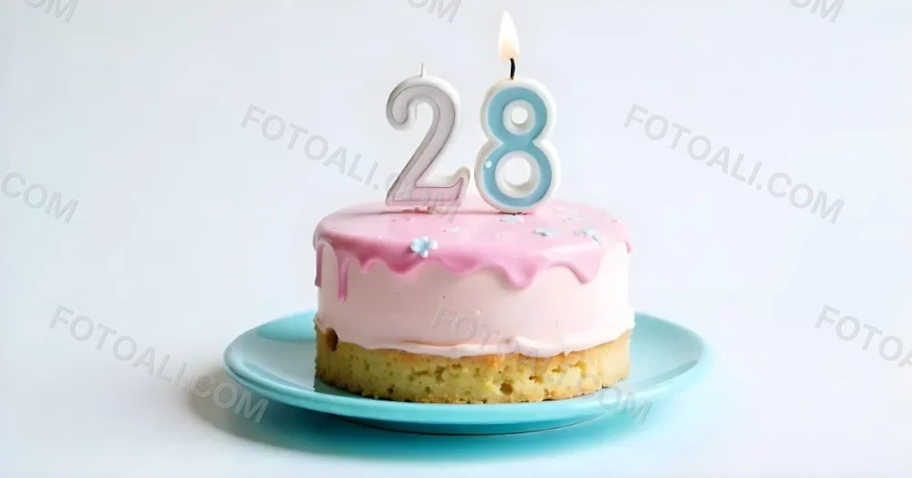 A Cake With Pink And Blue Frosting And A Candle With The Number 28 On A Blue Plate In A White Background 23 B69e