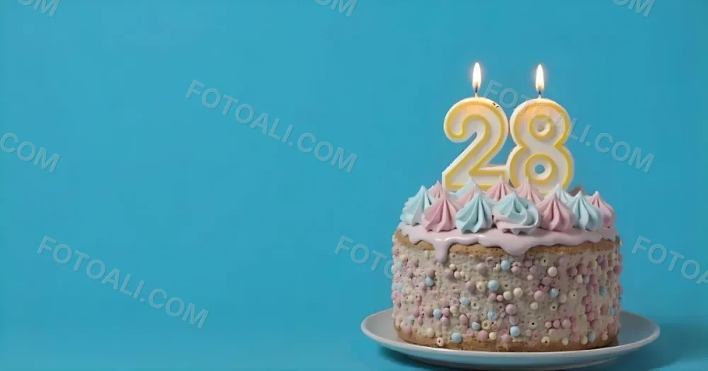 A Cake With Pink And Blue Frosting And A Candle With The Number 28 On A Blue Plate In A White Background 3 132a