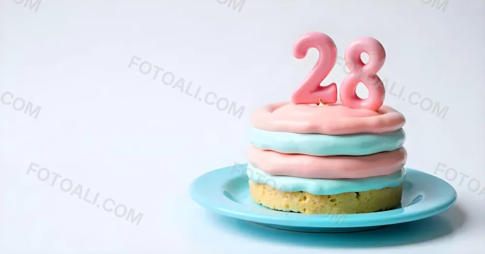 A Cake With Pink And Blue Frosting And A Candle With The Number 28 On A Blue Plate In A White Background 6 1c25