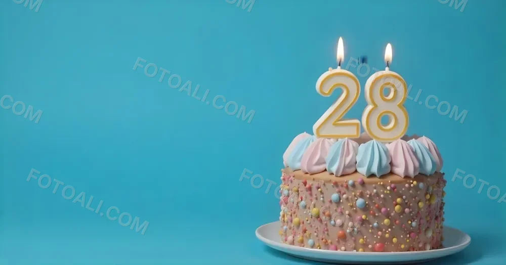 A Cake With Pink And Blue Frosting And A Candle With The Number 28 On A Blue Plate In A White Background 7 9f48