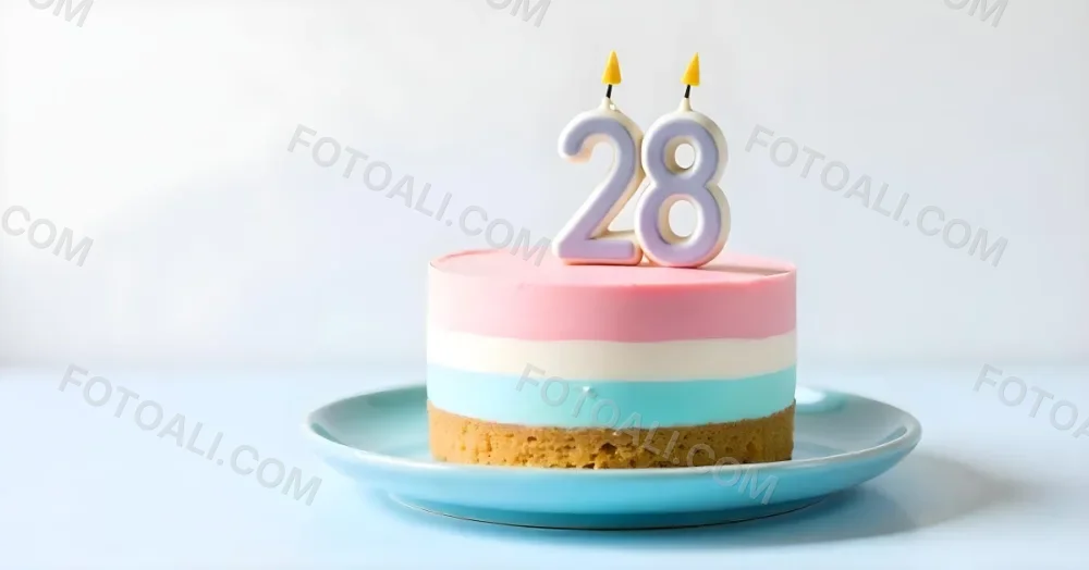 A Cake With Pink And Blue Frosting And A Candle With The Number 28 On A Blue Plate In A White Background 8 A75e