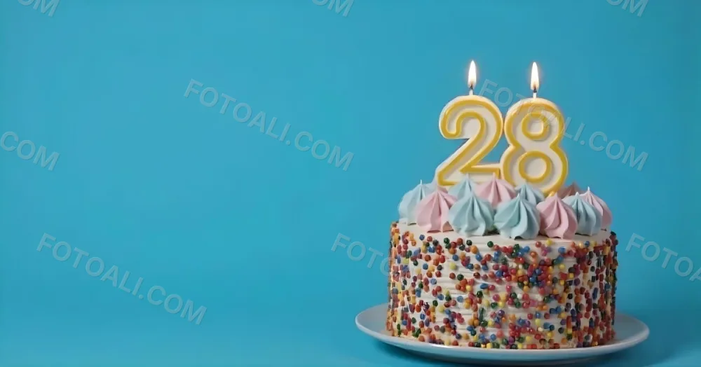 A Cake With Pink And Blue Frosting And A Candle With The Number 28 On A Blue Plate In A White Background 9 94c9