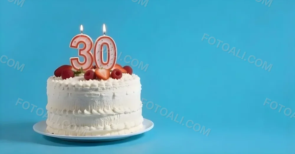 A Cake With Strawberries And Raspberries On Top With A Number 30 Candle On A Blue Background 1 24af