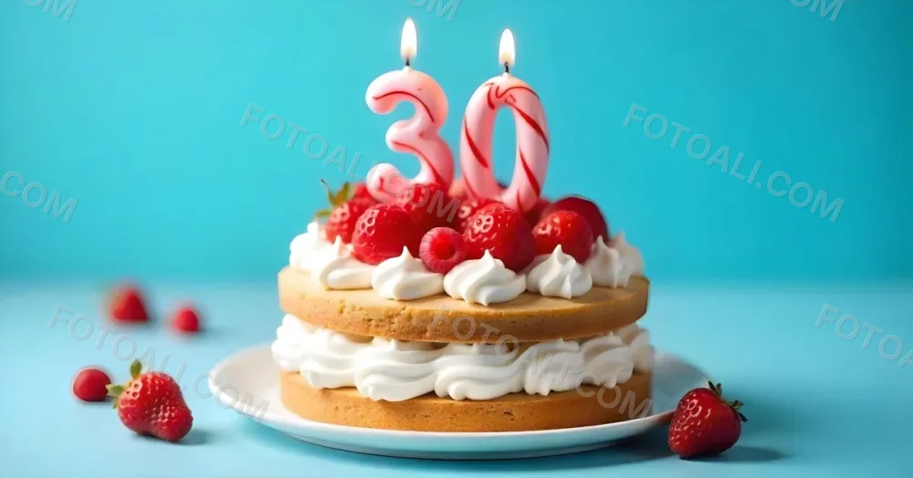 A Cake With Strawberries And Raspberries On Top With A Number 30 Candle On A Blue Background 12 A921