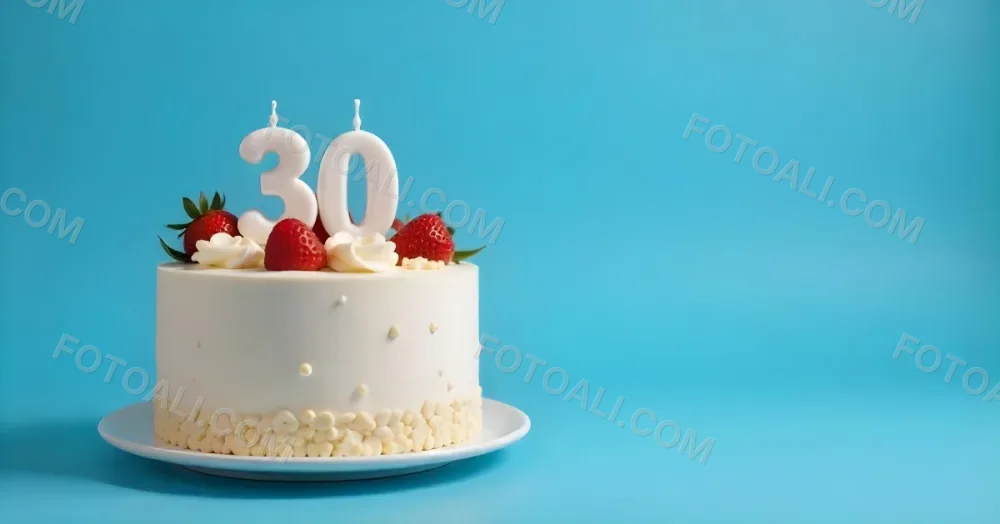 A Cake With Strawberries And Raspberries On Top With A Number 30 Candle On A Blue Background 15 5dd0