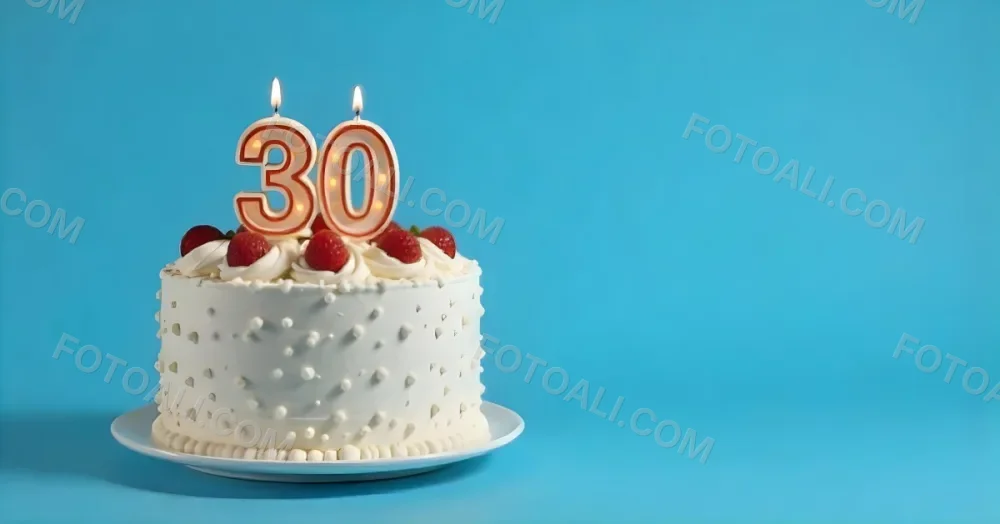 A Cake With Strawberries And Raspberries On Top With A Number 30 Candle On A Blue Background 16 A8e4
