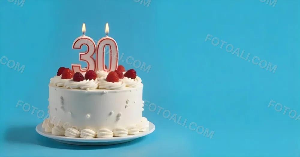 A Cake With Strawberries And Raspberries On Top With A Number 30 Candle On A Blue Background 17 5d22