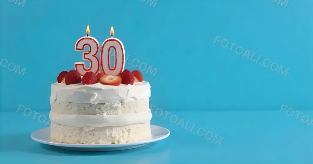 A Cake With Strawberries And Raspberries On Top With A Number 30 Candle On A Blue Background 18 28f5