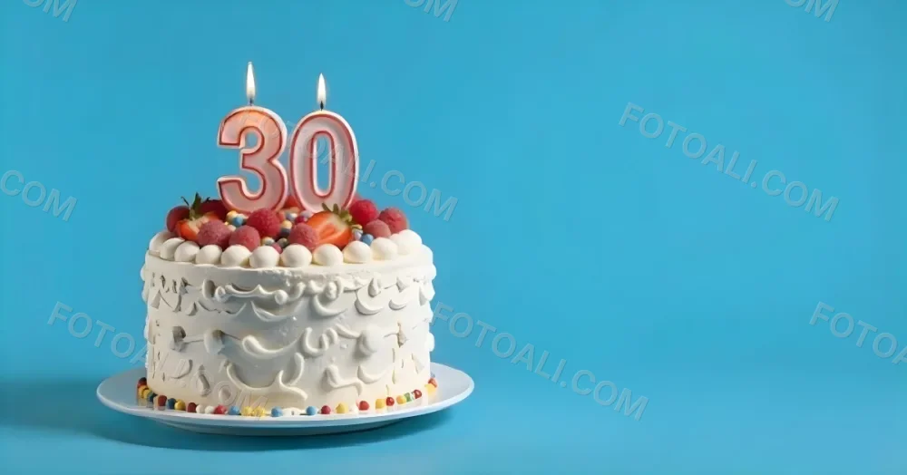 A Cake With Strawberries And Raspberries On Top With A Number 30 Candle On A Blue Background 19 F98a