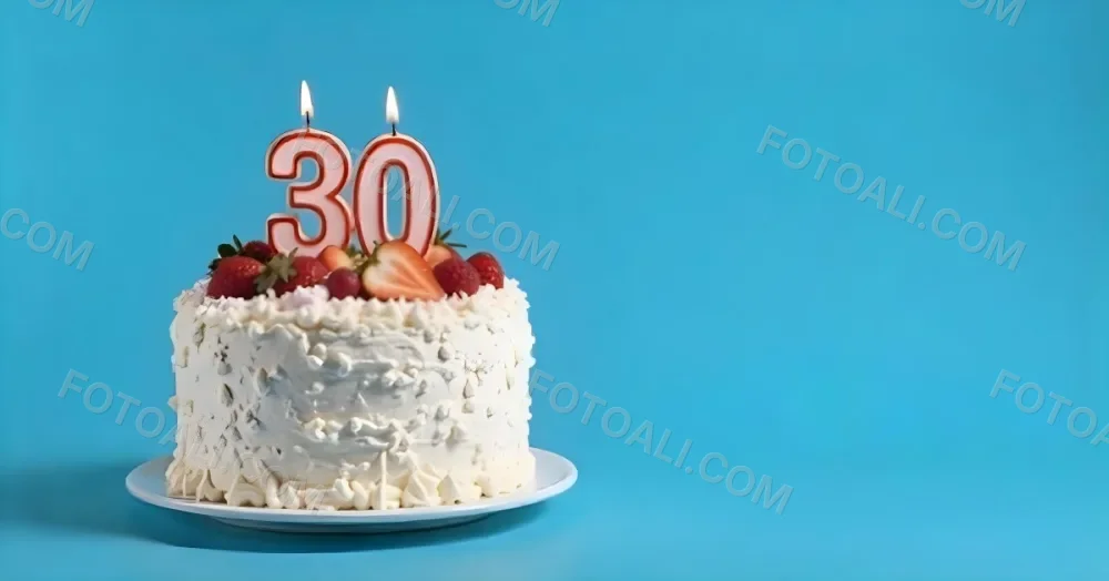 A Cake With Strawberries And Raspberries On Top With A Number 30 Candle On A Blue Background 2 96eb