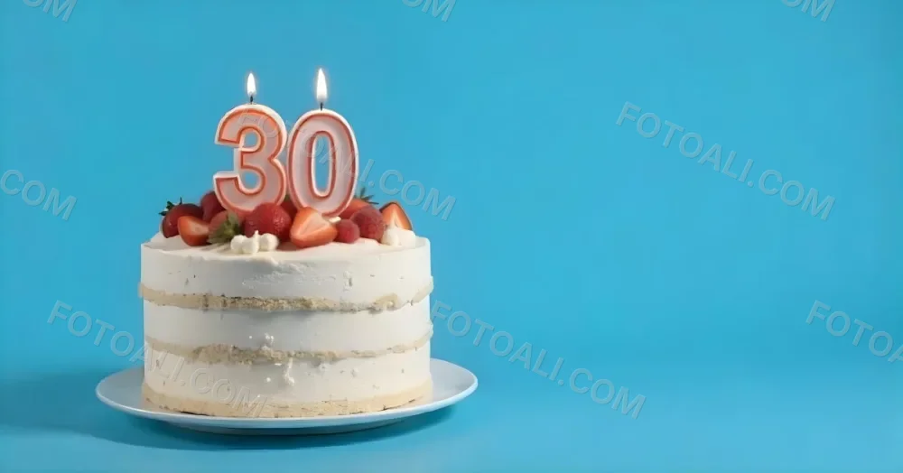 A Cake With Strawberries And Raspberries On Top With A Number 30 Candle On A Blue Background 3 7ecb