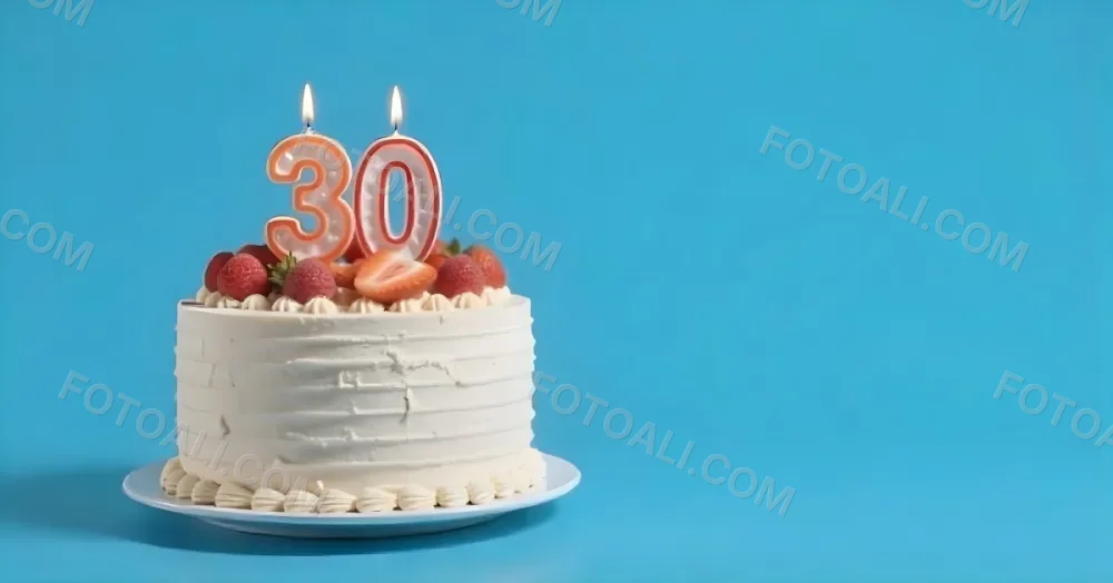 A Cake With Strawberries And Raspberries On Top With A Number 30 Candle On A Blue Background 4 Bee4
