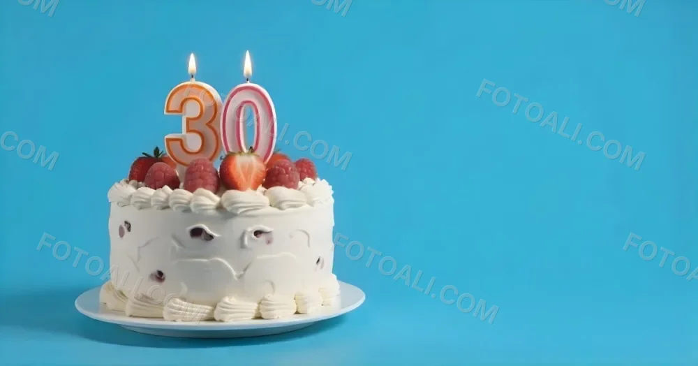 A Cake With Strawberries And Raspberries On Top With A Number 30 Candle On A Blue Background 5 434a