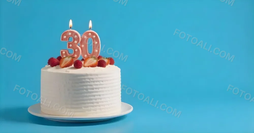 A Cake With Strawberries And Raspberries On Top With A Number 30 Candle On A Blue Background 6 2c70