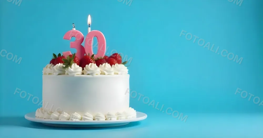 A Cake With Strawberries And Raspberries On Top With A Number 30 Candle On A Blue Background 7 Ae11