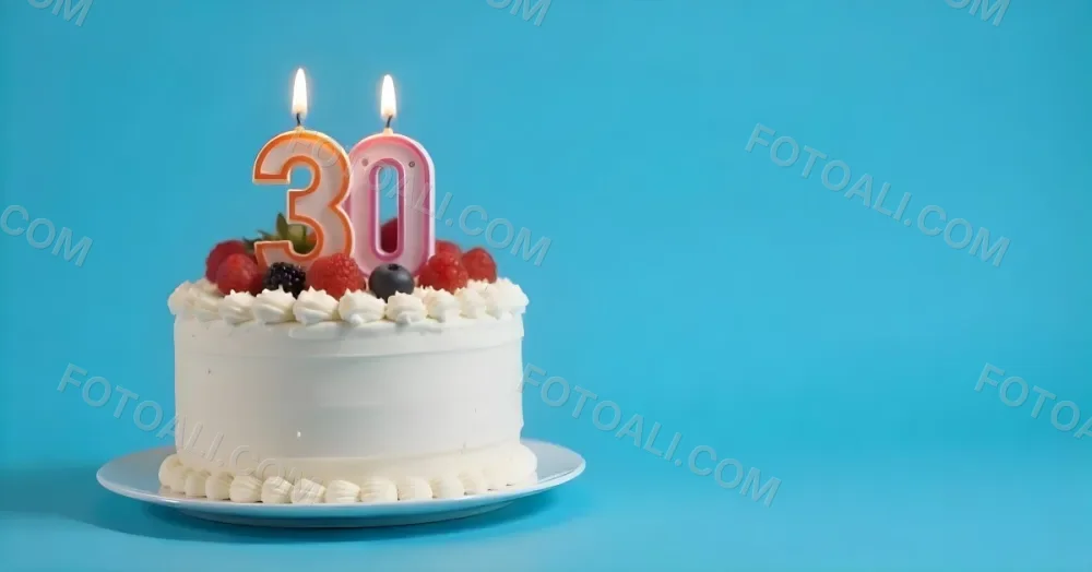 A Cake With Strawberries And Raspberries On Top With A Number 30 Candle On A Blue Background 8 Eeea