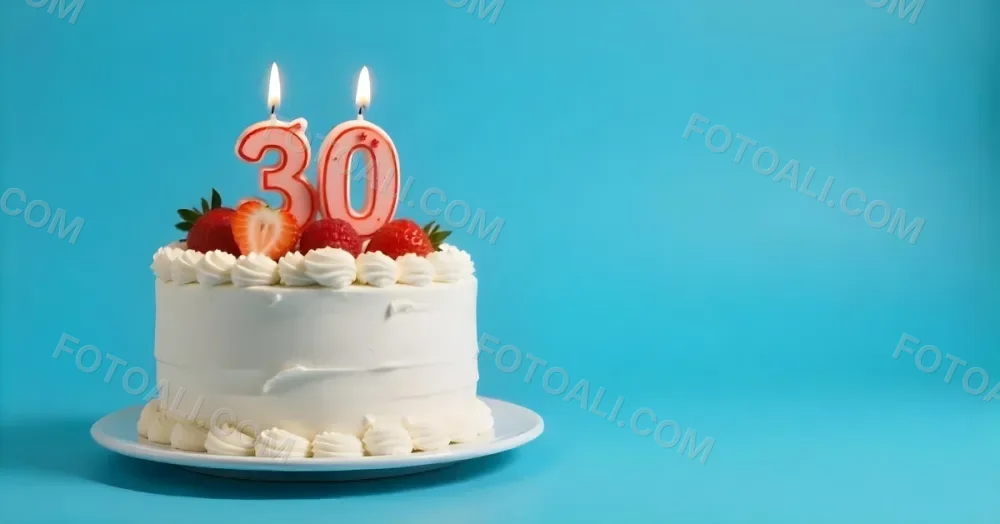 A Cake With Strawberries And Raspberries On Top With A Number 30 Candle On A Blue Background 9 5395