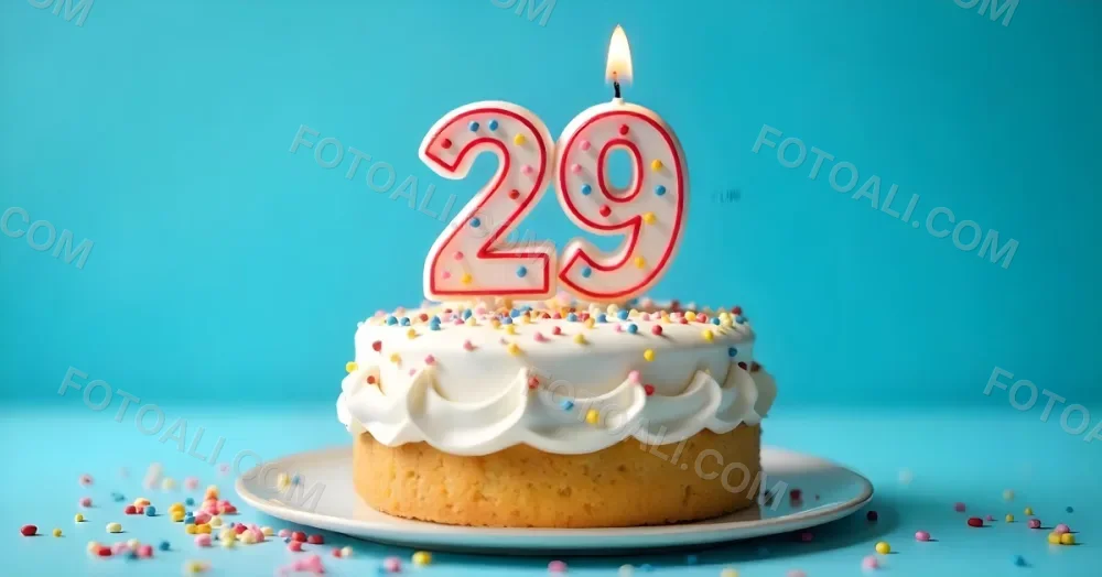 A Cake With White Frosting And Colorful Sprinkles Topped With A Candle In The Shape Of The Number 29 Blue Background 12 77fb