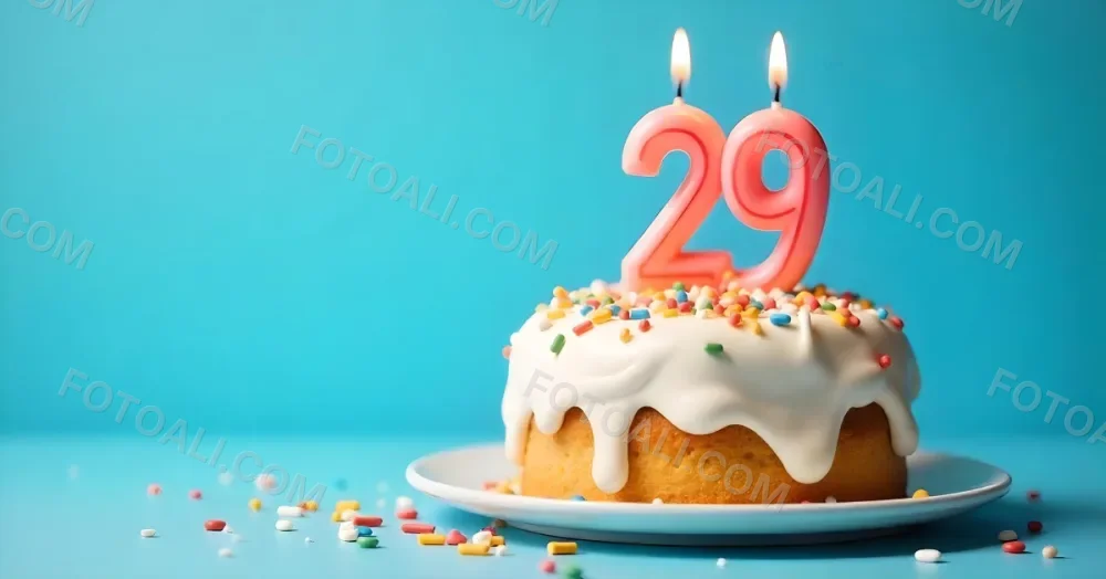 A Cake With White Frosting And Colorful Sprinkles Topped With A Candle In The Shape Of The Number 29 Blue Background 21 Fde6