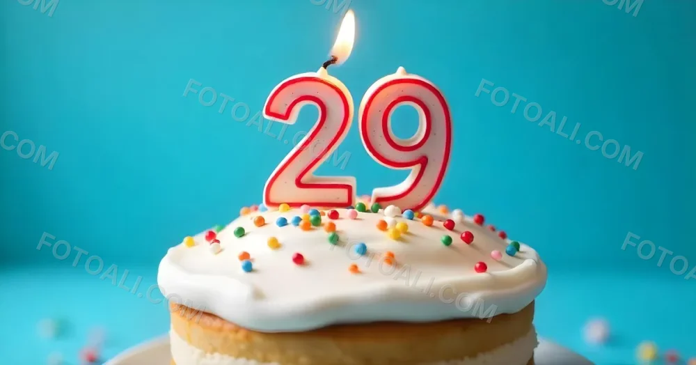 A Cake With White Frosting And Colorful Sprinkles Topped With A Candle In The Shape Of The Number 29 Blue Background 23 D56b