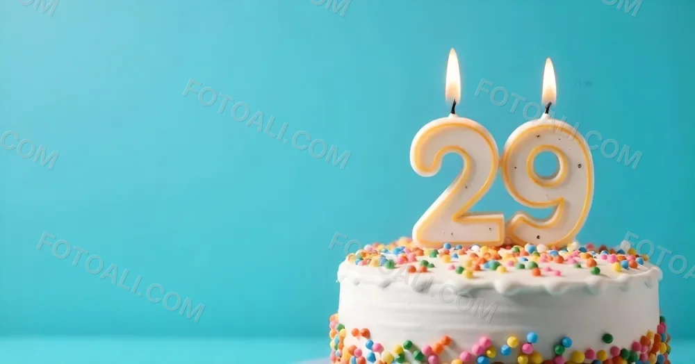 A Cake With White Frosting And Colorful Sprinkles Topped With A Candle In The Shape Of The Number 29 Blue Background 32 0d28