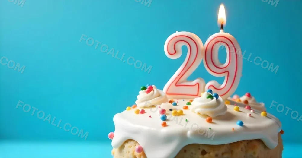 A Cake With White Frosting And Colorful Sprinkles Topped With A Candle In The Shape Of The Number 29 Blue Background 34 F684