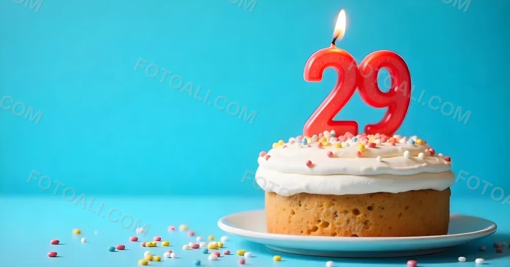 A Cake With White Frosting And Colorful Sprinkles Topped With A Candle In The Shape Of The Number 29 Blue Background 8 8c76