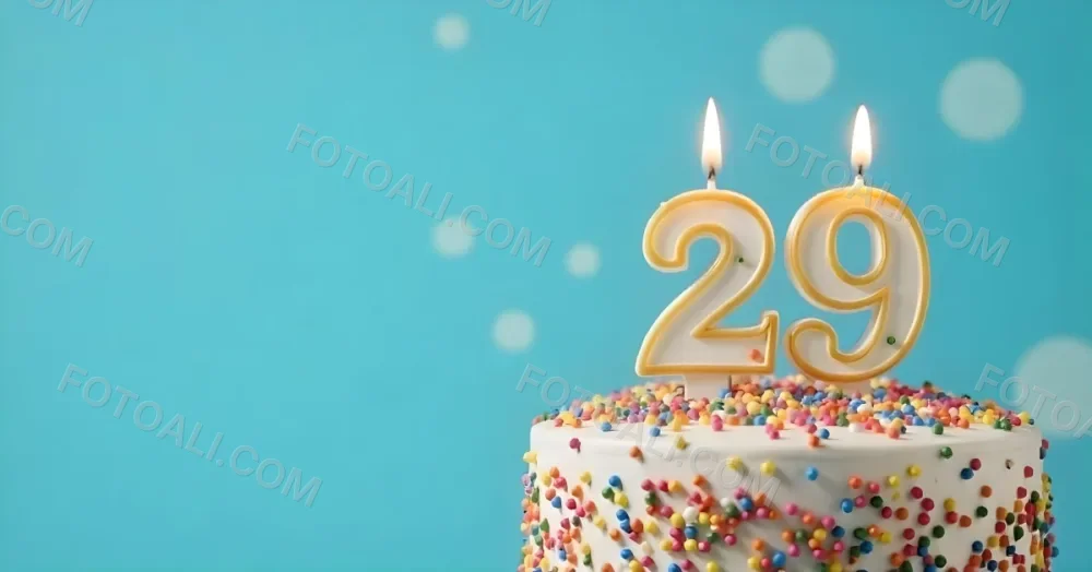 A Cake With White Frosting And Colorful Sprinkles Topped With A Candle In The Shape Of The Number 29 Blue Background 9 7cd2