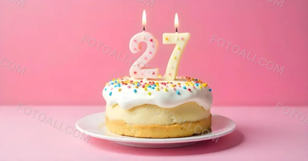 A Cake With White Frosting And Colorful Sprinkles Topped With Two Lit Candles Shaped Like The Numbers 2 And 7 On A White Plate With A Pink Background 12 1fb7