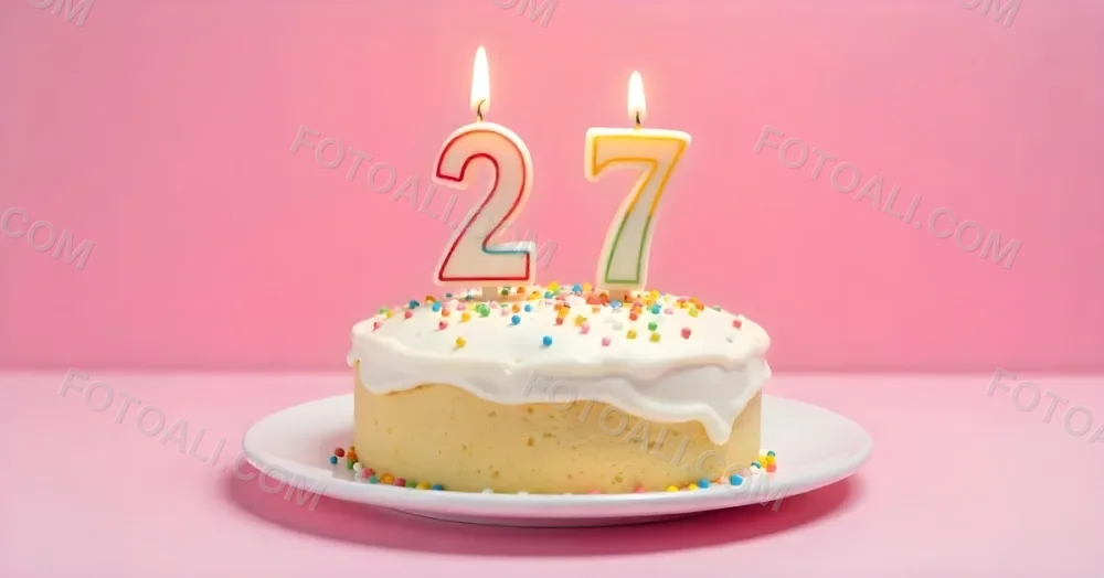A Cake With White Frosting And Colorful Sprinkles Topped With Two Lit Candles Shaped Like The Numbers 2 And 7 On A White Plate With A Pink Background 13 5b34