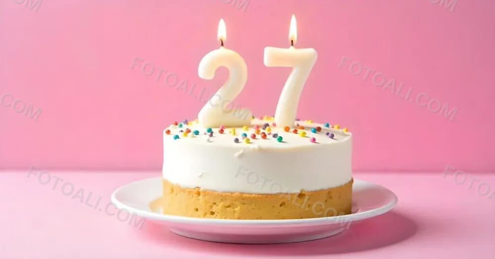 A Cake With White Frosting And Colorful Sprinkles Topped With Two Lit Candles Shaped Like The Numbers 2 And 7 On A White Plate With A Pink Background 16 654a