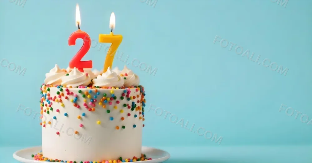 A Cake With White Frosting And Colorful Sprinkles Topped With Two Lit Candles Shaped Like The Numbers 2 And 7 On A White Plate With A Pink Background 17 De24