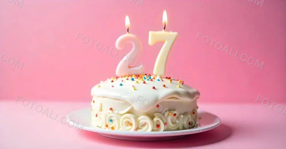 A Cake With White Frosting And Colorful Sprinkles Topped With Two Lit Candles Shaped Like The Numbers 2 And 7 On A White Plate With A Pink Background 20 D792