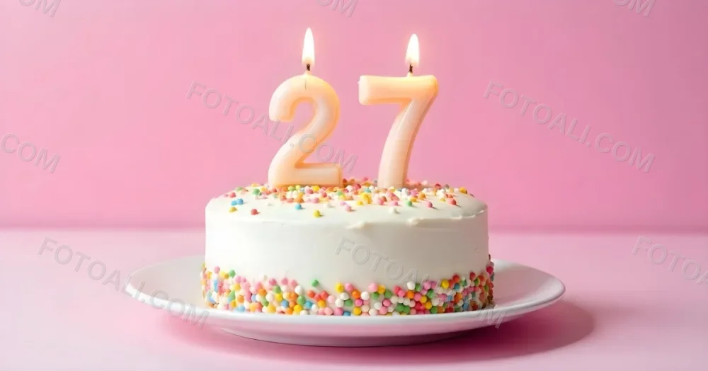 A Cake With White Frosting And Colorful Sprinkles Topped With Two Lit Candles Shaped Like The Numbers 2 And 7 On A White Plate With A Pink Background 21 B2bb