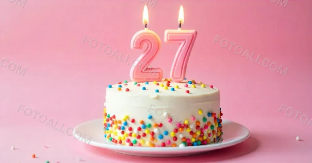 A Cake With White Frosting And Colorful Sprinkles Topped With Two Lit Candles Shaped Like The Numbers 2 And 7 On A White Plate With A Pink Background 23 D1c2