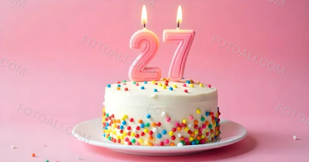 A Cake With White Frosting And Colorful Sprinkles Topped With Two Lit Candles Shaped Like The Numbers 2 And 7 On A White Plate With A Pink Background 24 2531