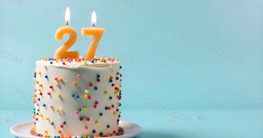 A Cake With White Frosting And Colorful Sprinkles Topped With Two Lit Candles Shaped Like The Numbers 2 And 7 On A White Plate With A Pink Background 6 9cd4