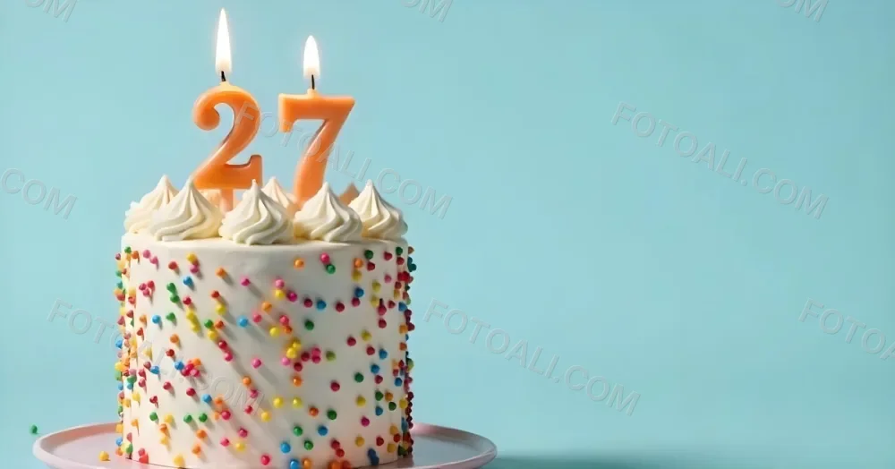 A Cake With White Frosting And Colorful Sprinkles Topped With Two Lit Candles Shaped Like The Numbers 2 And 7 On A White Plate With A Pink Background 8 Ea1c