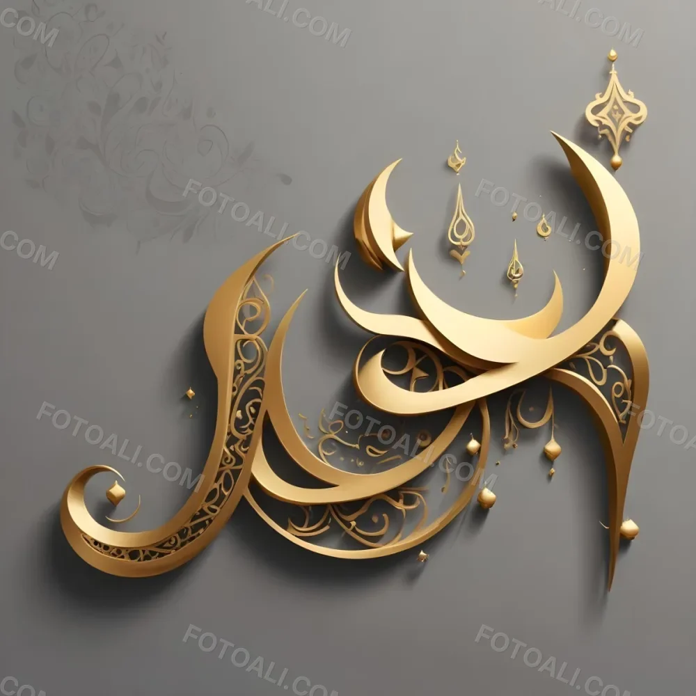 A Calligraphic Arabic Text In Gold Color Against A Gray Background With Some Decorative Elements Like Small Golden Shapes 25 1173