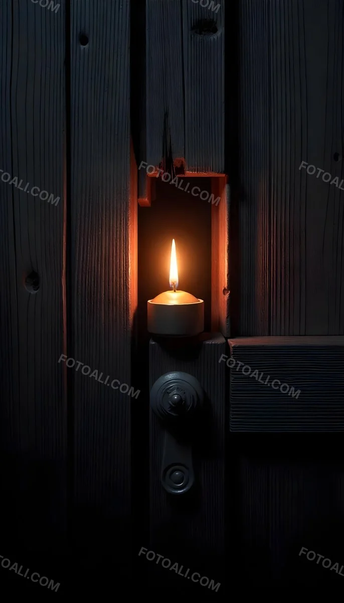 A Candle With A Bright Flame Set Against A Bright Background Wooden Planks With A Hole Casting A Warm Glow Creating A Sense Of Hope 10 8c55