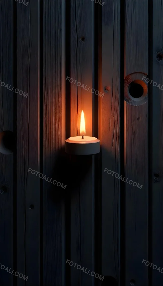 A Candle With A Bright Flame Set Against A Bright Background Wooden Planks With A Hole Casting A Warm Glow Creating A Sense Of Hope 11 F302