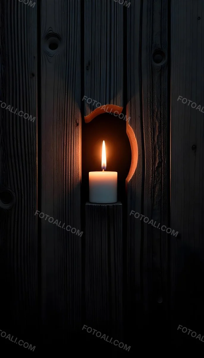 A Candle With A Bright Flame Set Against A Bright Background Wooden Planks With A Hole Casting A Warm Glow Creating A Sense Of Hope 14 0e66